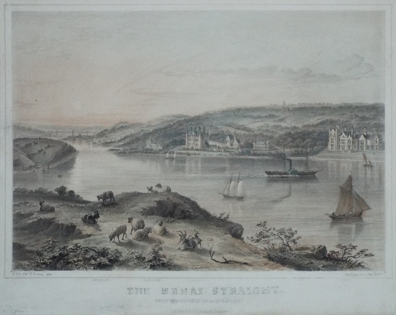 Lithograph - The Menai Straight. From the Heights of Garth Point. - Picken